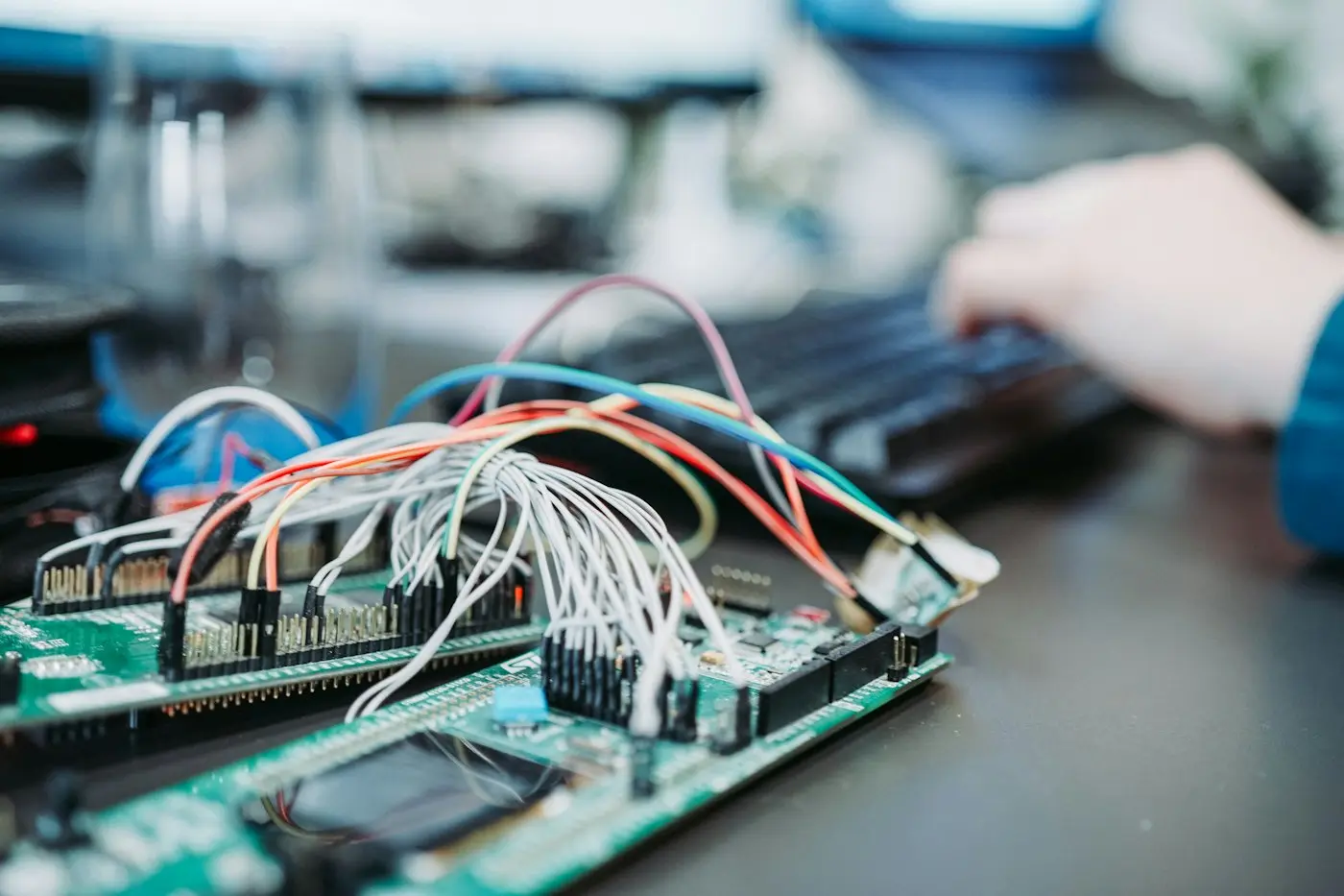 Engineer working at a bench with wired circuit boards